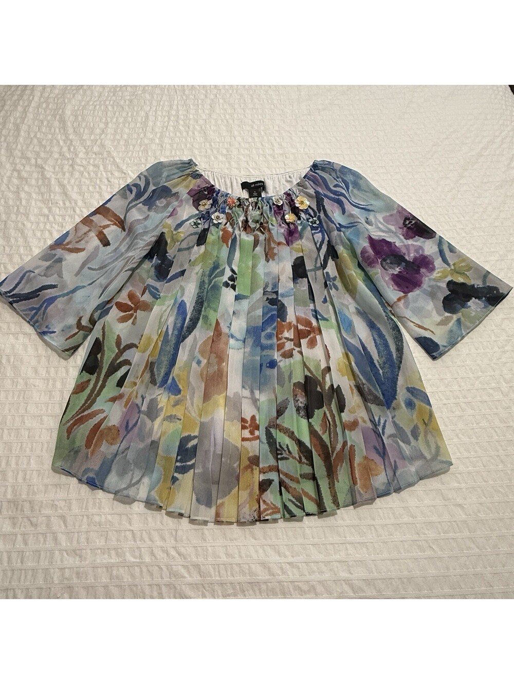 Ali Miles Chiffon Blouse Pleated Top Embellished Sequin Small Watercolor Floral